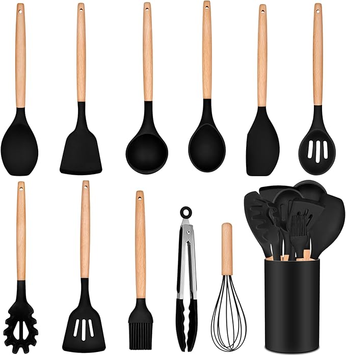 P&P CHEF Silicone Cooking Utensils Set, 12PCS Kitchen Utensils Set with Wooden Handle for Nonstick Cookware, Ladle, Spoon, Spatula, Tong, Heat-resistant & Non-scratch, Non Smell & Healthy, Black