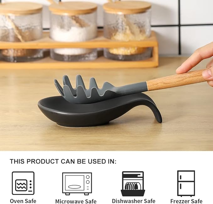 Nihow Ceramic Spoon Rest: 4 Inch Stable Utensil Rest - Heat Resistant Spoon Holder for Kitchen counter/Countertop/Stove Top - Dishwasher Safe - Matte Black (1 PC)