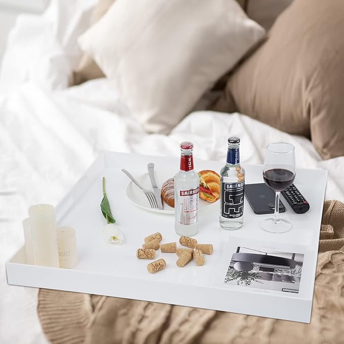 24×24 Inches Glossy White Acrylic Serving Tray with Handles Extra Large Ottoman Tray Decorative Trays Spill-Proof Coffee Table Space Saver Oversize Counter top Organizer Platter with Safe Edge