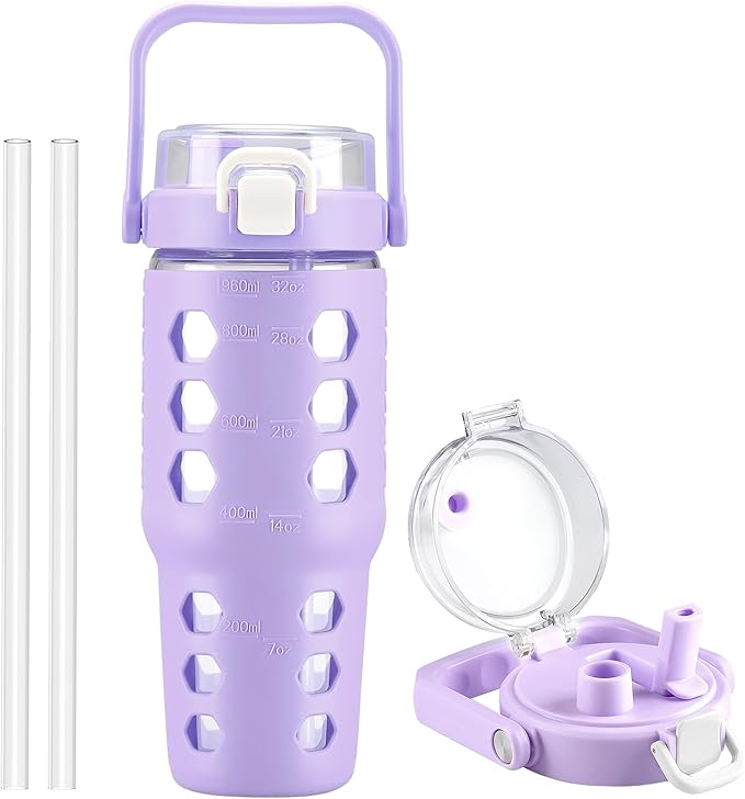 MUKOKO 32 oz Glass Tumbler with Straw,Glass Water Bottles with Time Marker,Iced Coffee Cup with Silicone Sleeve,Motivational Drinking Bottles,Leakproof-Purple