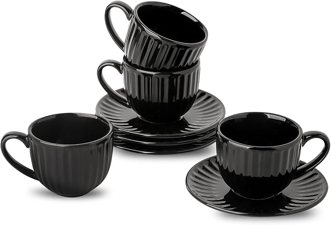 Hasense 4 Oz Espresso Cups with Saucers Set of 4, Ribbed Cappuccino Cups Ceramic for Coffee,Espresso,Double shot,Latte and Macchiato, Demitasse Cups Set Aesthetic Gift, Black