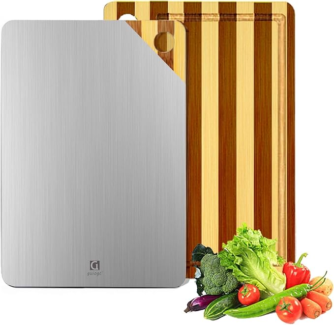 Titanium Cutting Board for Kitchen, Double Sided Cutting Board, Pure Titanium and Natural Bamboo, with Deep Juice Grooves, Large Size 15.6”×11”