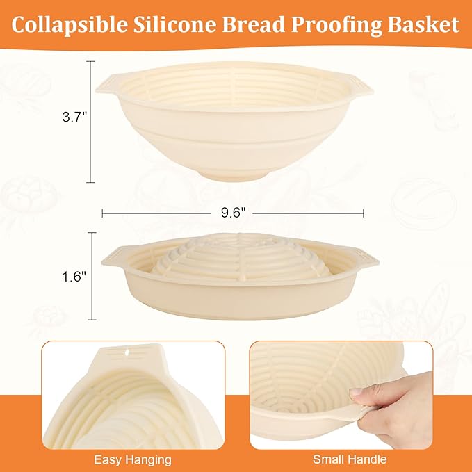 Sourdough Bread Baking Supplies Kit Including 9 inch Round Silicone Banneton Basket, Dough Scraper, Bread Lame, Danish Whisk and Bread Bag;Bread Proofing Basket Set for Home Bakers