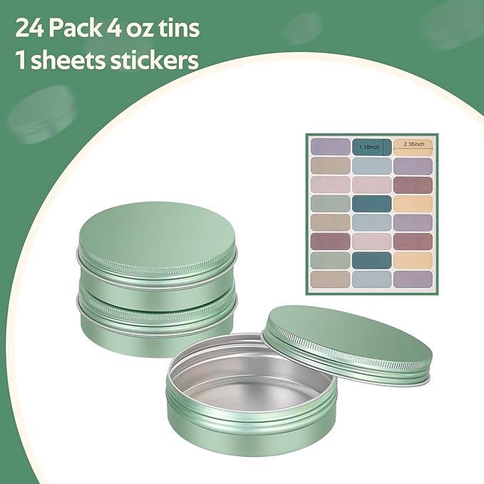 YQ 24 Pack 4 oz Tins for Salves, Round Aluminum Metal Tin with Lids, Empty 4oz Tin Containers Food Storage Containers, Salve Tins with Lids and Labels for Cosmetic, Balm, Candle, Candy(Light Green)