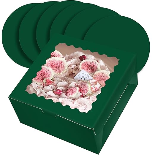 qiqee 10x10x5 Cake Box, 18 Sets Green Cake Box with Window & 18 Sets 10" Gold Cake Round Boards, 10inch Cake Containers