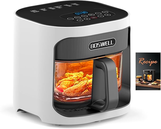 BOSWELL 4.5QT Glass Air Fryer - 6-in-1 with Transparent Bowl | Circulating Air for Crispy Results | Bake, Broil, Air Fry | Temperature Control, Dishwasher Safe (White)