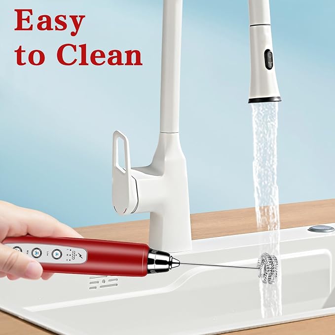 Milk Frother Handheld for Coffee, Electric Whisk 3 Speed Adjustable, Drink Mixer with Stainless 3 Whisks, Rechargeable Hand Frother Wand, Foam Maker for Latte Cappuccino Hot Chocolate Egg Red