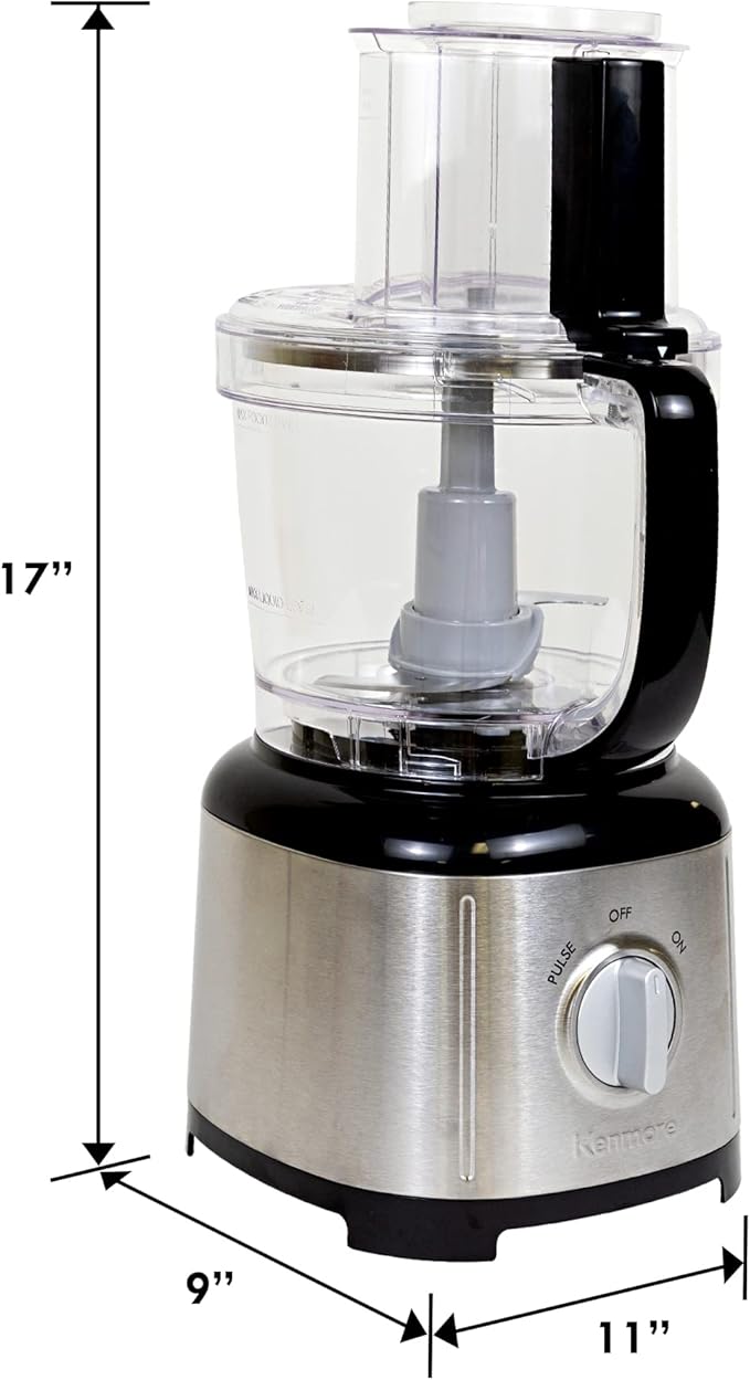Kenmore 11 Cup Food Processor - Vegetable & Fruit Salad Cutter, Multifunctional, 500 W, Chopper, Slicer, Mincer, Puree, Grater, Blades, Shredder, Compact Stainless Steel Kitchen Appliances, Black
