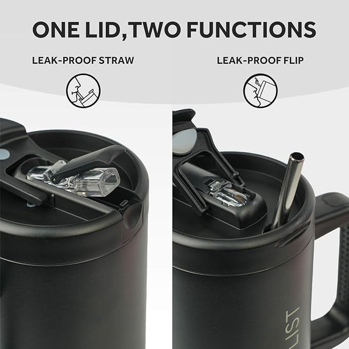 100% Leakproof 40 oz Tumbler with Handle & 4-in-1 SipSwig Lid, Built-In Flip Straw & External Stainless Steel Straw, Insulated Stainless Steel Cup, BPA-Free, Black