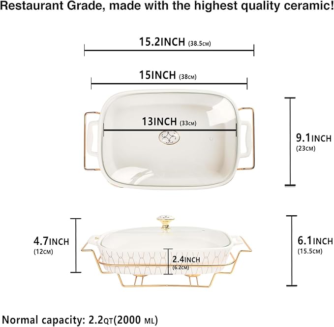 13" x 9" Ceramic Casserole Dish with Glass Lid and Rack, 68 ounce Serving Soup Tureen,Chafing Dish for Buffet, Family Food preserve Tray, Catering Casserole for Party Style, White