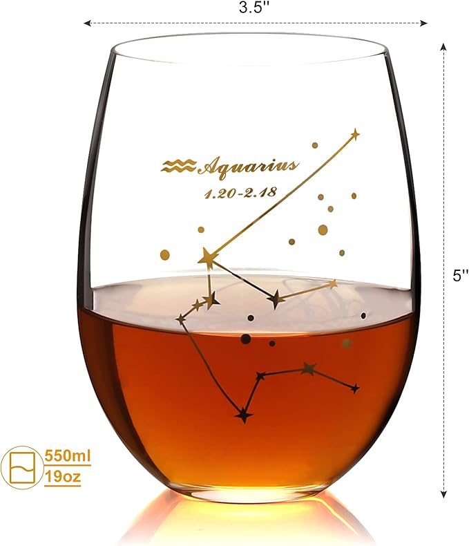 HOHY Aquarius Wine Glass - 20oz Stemless Zodiac Constellation Glass, Gift for Women & Men