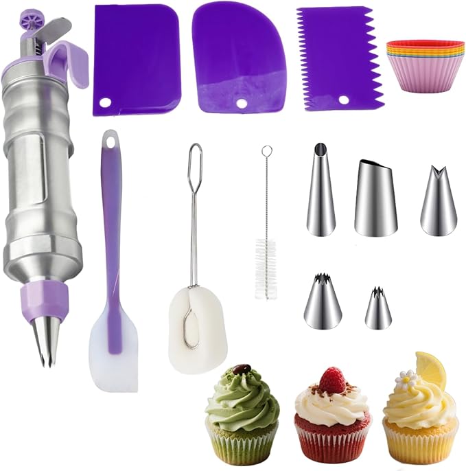 Dessert Decorating Syringe Set, Cake Frosting Piping Kit Stainless Steels Cupcake Icing Piping Kit with 6 Nozzles, 4 Scraper, 6 Silicone Cake Liners, 2 Cleaning Brush for DIY Cake Decoration, Purple