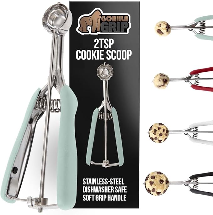 Gorilla Grip Stainless Steel Cookie Scoop for Baking, 2 TSP, Multipurpose Melon Baller, Meatball Spring Scoops, Perfect Portion Sizes, Easy Food Release, Scooper Size 100, BPA-Free Kitchen Tool, Mint