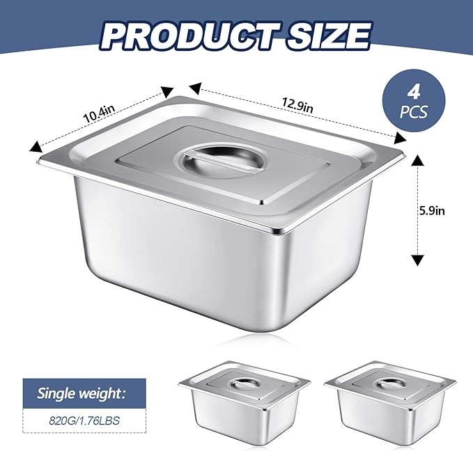 Mifoci 4 Pack Stainless Steam Hotel Pan with Lid, 1/2 Size x 6 Inch Deep, Reusable Anti Rust Steam Pan for Home, Party, Restaurant, Hotel, Buffet