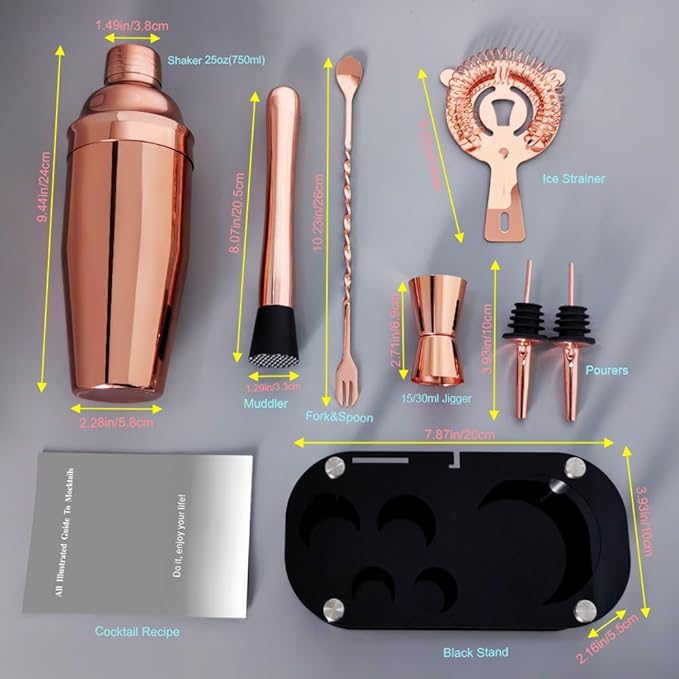 Cocktail Shaker Set, Bartender Kit, Cocktail Shaker with Stand, Drink Mixing Includes Martini Shaker,Strainer,Jigger,Bar Mixer Spoon,Muddler, Pourer, Bar Tool Set  (Rose Gold)