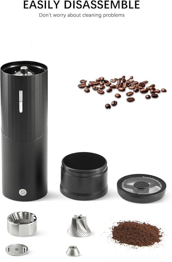 Electric Coffee Grinders, Portable Burr Grinder Capacity 50g w/Magnetic Cover,External Adjustable Setting, Aluminum Alloy Body, 800mAh Battery(Stand not Included) Black