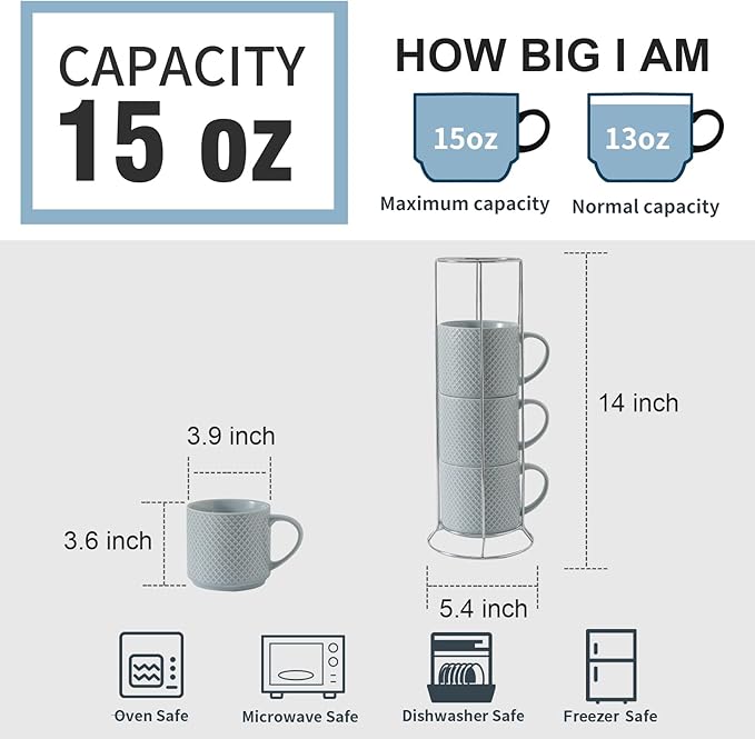 Hasense Coffee Mugs with rack, 15 Ounce Porcelain Stackable Large Ceramic Blue Coffee Cups Set of 4 with handle for Drinks Like Tea, Cappuccino, Milk, Mocha and Cereal, Microwave & Dishwasher Safe