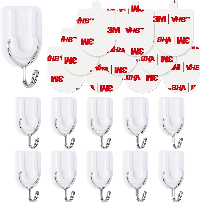 10 Wire Hooks for Hanging Heavy Duty with Strips no Damage,Adhesive Wall Hook Small, removalbe Large Sticky Bulk, for Key, Coat, Towel, Outdoor, hat