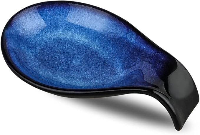 Nihow Ceramic Spoon Rest: 4 Inch Stable Utensil Rest - Heat Resistant Spoon Holder for Kitchen counter/Countertop/Stove Top - Dishwasher Safe - Elegant Blue (1 PC)