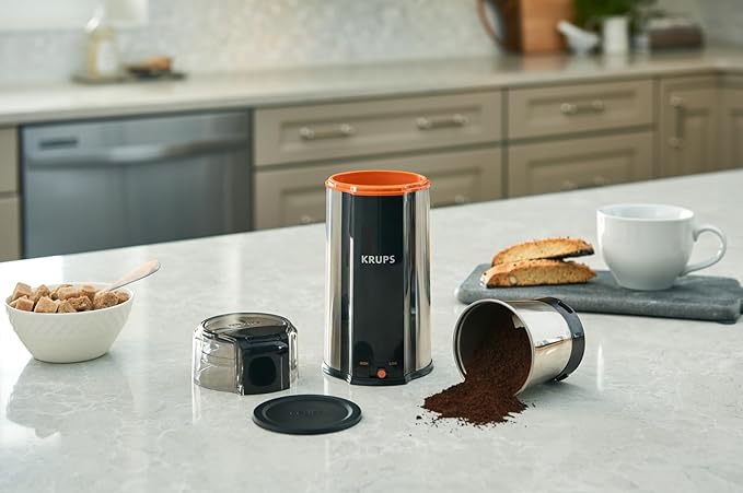 KRUPS: 3oz Coffee Grinder, Ultimate Silent Vortex Plastic and Stainless Steel Grinder with Removable Bowl Mess-Free, 8 Times Quieter, 2 Speeds 240 Watts,Dry Herbs,Dishwasher Safe,12 cups ground Silver