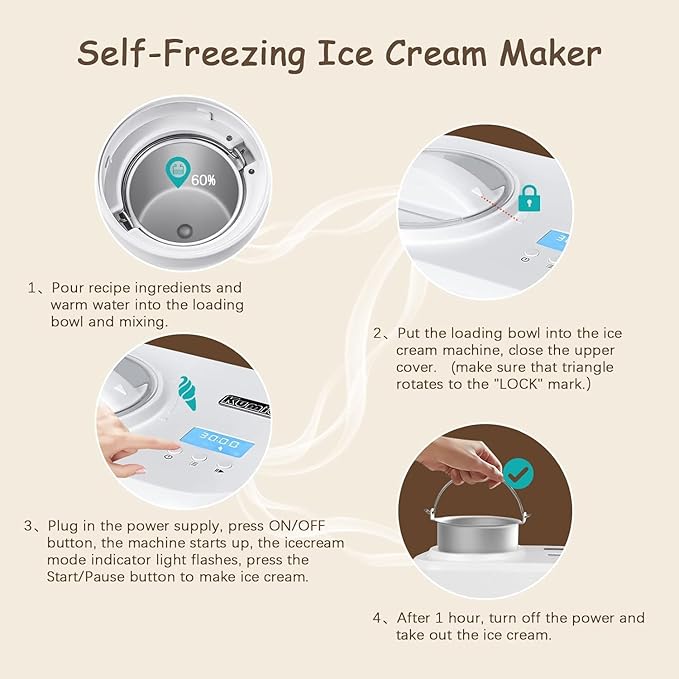 KUMIO Ice Cream Maker with Compressor, No Pre-Freezing, 4 Modes Ice Cream Maker Machine with LCD Display, Timer (1.25 Quart)