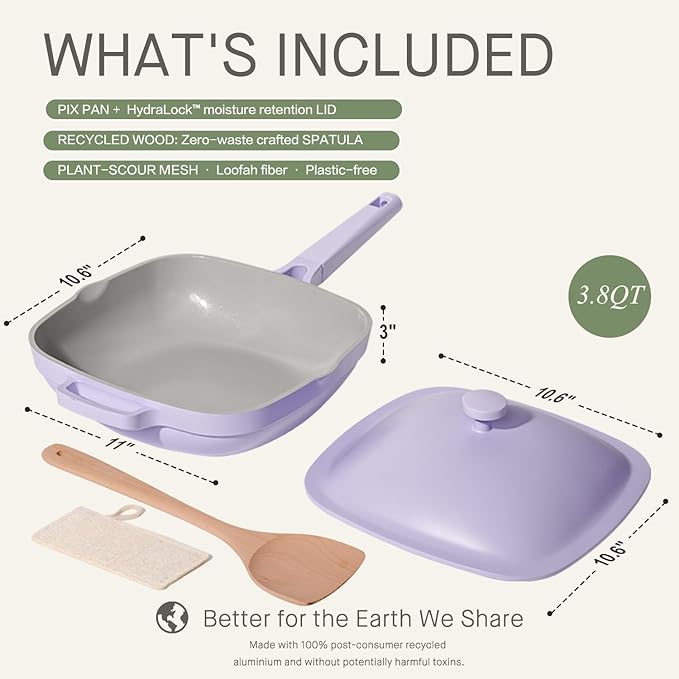 10.5 Inch(3.8QT) Deep Frying Pan,Non Stick Frying Pans Cast Aluminum,Ti-Ceramic Non Toxic Pix Pan with Lid,Natural Wooden Spatula and Loofah Scrubber-Dusk Petal