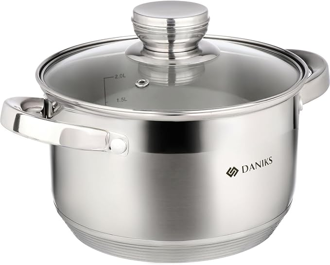 Daniks Standard Stainless Steel Stock Pot with Glass Lid – Induction 3 Quart, Dishwasher Safe, Measuring Scale, For Soup, Pasta, Stew, Silver