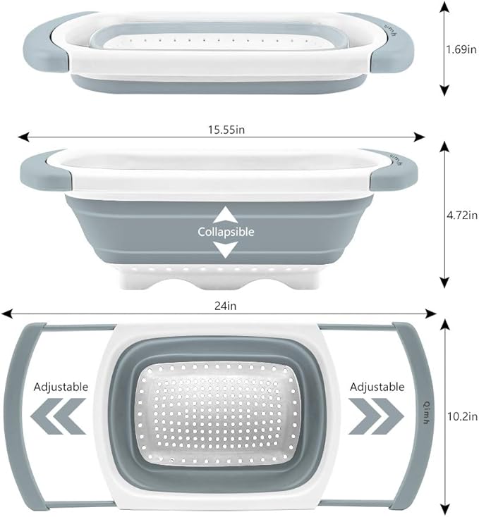 Qimh Collapsible Colander | Over The Sink Silicone Kitchen Strainers and Colanders with Extendable Handles | Veggies, Fruit and Pasta Foldable Strainer for Kitchen, 6-Quart, BPA Free