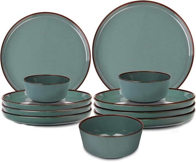 12-Piece Melamine Dinnerware Sets – Unbreakable Plates & Bowls Sets for Outdoor, Camping, Picnic, Party – Durable Dishware Sets, Lightweight & Shatterproof (Dusty Teal)