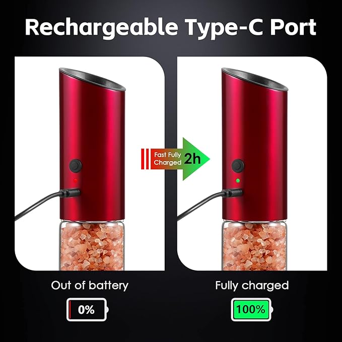 Vzaahu Gravity Electric Pepper and Salt Grinder Set of 2 - Rechargeable, Refillable, Adjustable Coarseness, Stainless Steel Seasalt Peppermill with LED light - One Hand Operation (Red)