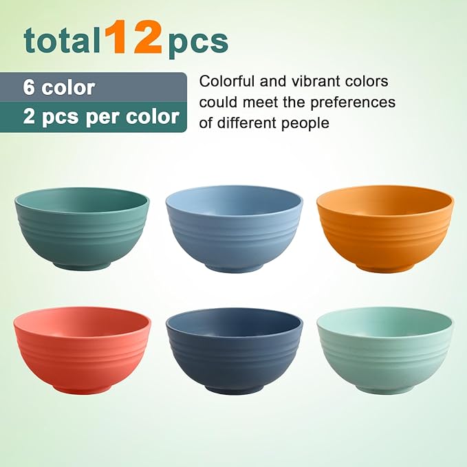 12 Pcs Unbreakable Cereal Bowls Set, 26 Oz Wheat Straw Bowls Set, Microwave & Dishwasher Safe Rice Bowls for Kitchen, Reusable Plastic Bowls for Soup, Salad and Snack, BPA Free, Multicolor