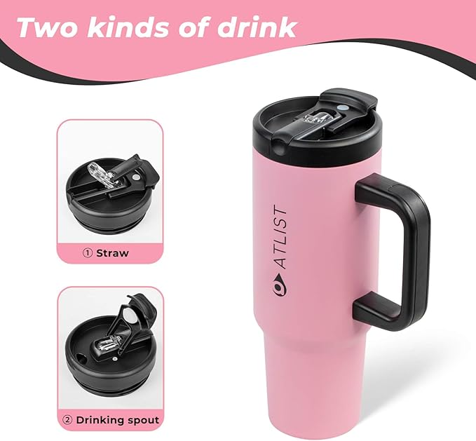100% Leakproof 40 oz Tumbler with Handle & 4-in-1 SipSwig Lid, Built-In Flip Straw & External Stainless Steel Straw, Insulated Stainless Steel Cup, BPA-Free, Pink & Black