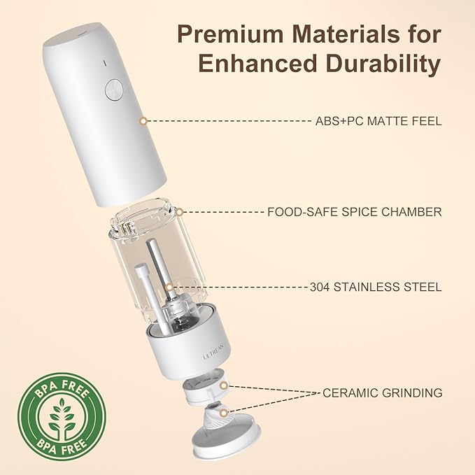 Ultrean Pepper Grinder, Rechargeable Salt and Pepper Grinder with 6 Adjustable Coarseness, LED Light, One-Hand Automatic Operation, White