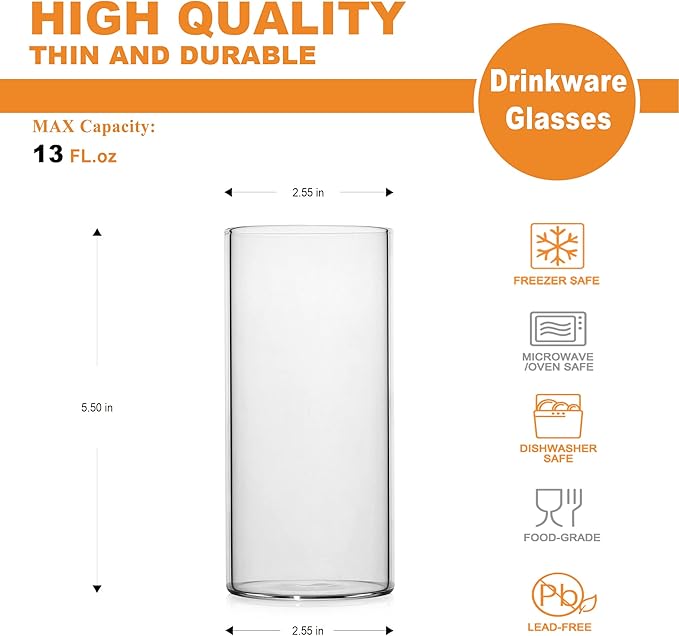 LUXU Drinking Glasses 13 oz, Thin Highball Glasses Set of 4,Elegant Bar Glassware For Water, Juice, Beer, Drinks, and Cocktails and Mixed Drinks,Lead-Free Pint Glasses,Glass Drink Tumblers