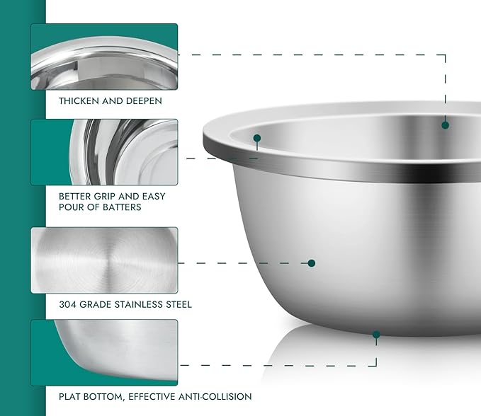 Enther Mixing Bowls - Set of 3 Stainless Steel Mixing Bowls with 304 Stainless Steel - Heavy Duty, Easy To Clean, Nesting Bowls Space Saving Storage, Great for Cooking, Baking, Salad,Silver