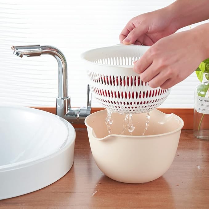 2 in 1 Kitchen Colander Set with Bowl Strainer (2 Sets 3 Qt),BPA Free Plastic Fruits and Vegetable Washing Basket,Dishwasher Friendly Double Layered Drain Basin,for Pasta Salad Berry Cleaning Mixing