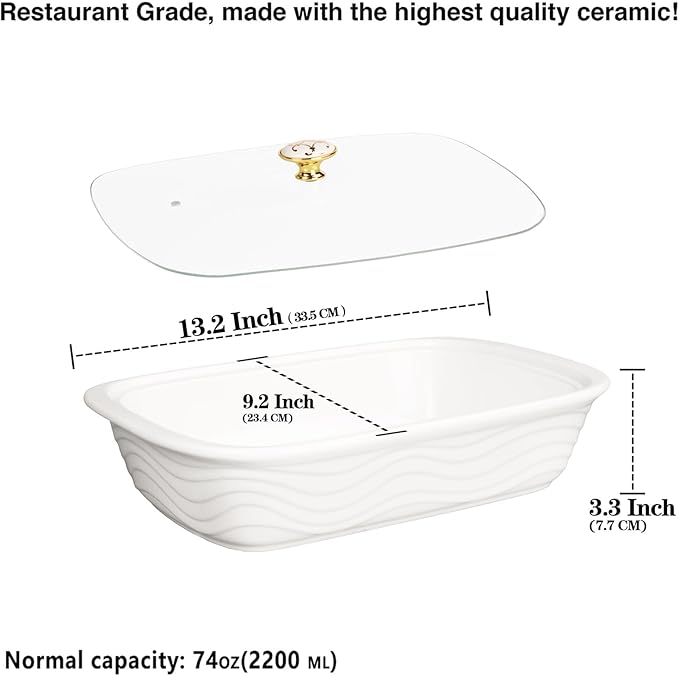 12" x 8" Ceramic Casserole Baking Dish With Glass cover, Lasagna Pan Deep for Oven, 2.2 Quarts Baking Pan with Handles, Oven Safe&Durable Bakeware for Home Decor