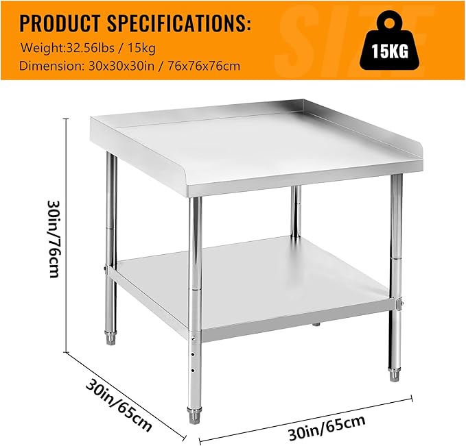30x30x30 Inch Stainless Steel Equipment Grill Stand Table 400 Lbs Capacity NSF Certified with Adjustable Legs, 2" Edge Baffle, for Hotel, Home, Commercial Restaurant Kitchen