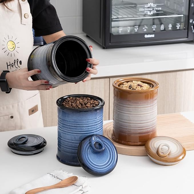 Nihow Ceramic Food Storage Jar Sets: Container with Air Tight Ceramic Lid for Flour/Sugar/Rice/Coffee/Cookies/Candy - Seal Damp-proof Canister for The Kitchen - Set of 3 (Brown)