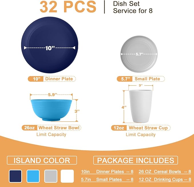 Homienly 32 PCS Plates and Bowls Sets, Unbreakable Wheat Straw Dinnerware Set, Microwave and Dishwasher Safe Dinnerware Sets, LIghtweight Dish Set for KItchen, Camping, Party - Island Series