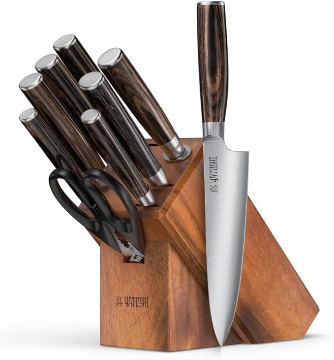 Yatoshi 9 Piece Block Set - Pro Kitchen Knife Set Ultra Sharp High Carbon Steel with Ergonomic Handle