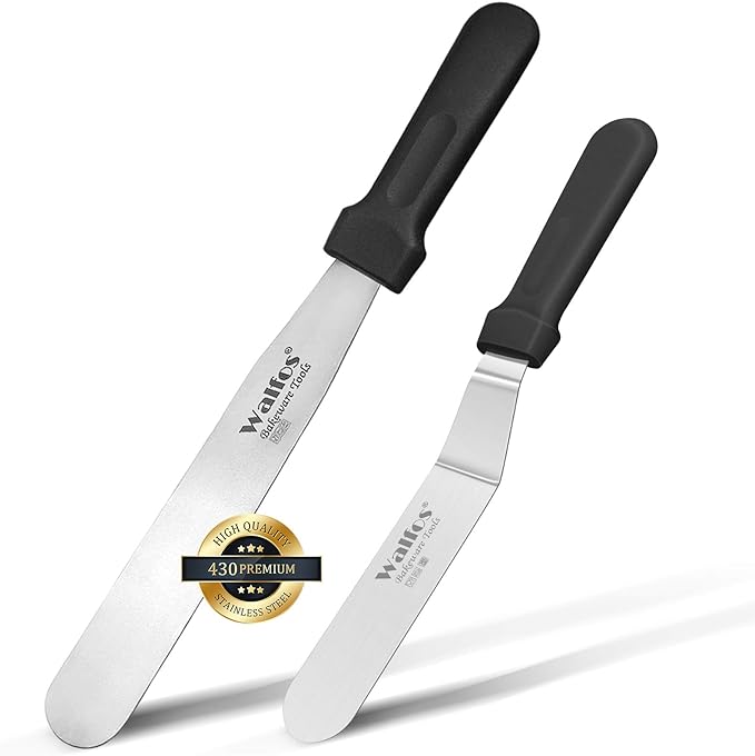Walfos Icing Spatula, Stainless Steel Cake Spatula with Sturdy and Durable Handle Cake Decorating Spatula - Multi purpose Use for Home, Kitchen or Bakery (6” Angled + 8" Straight)…
