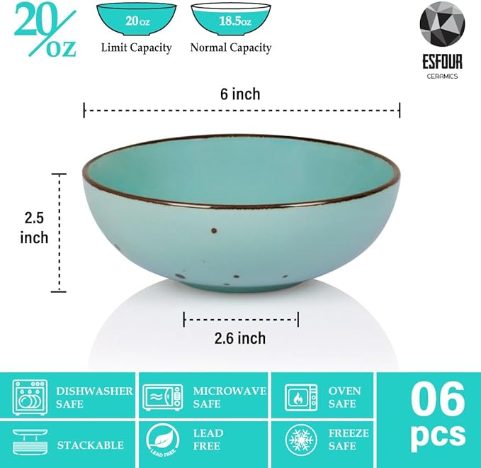 Esfour Round Porcelain Bowls - 18 Ounce - Set of 6 - Microwave, Oven, Dishwasher-Safe, Scratch Resistant, Porcelain Durable Small Dishes Bowls for Cereal, Salad, Pasta, Soup Dessert - Assorted Natural