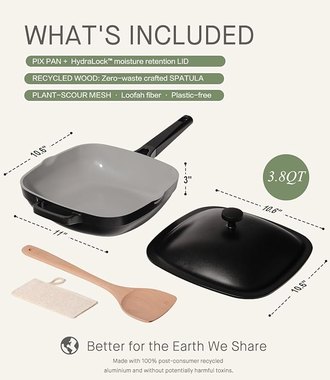 10.5 Inch(3.8QT) Deep Frying Pan,Non Stick Frying Pans Cast Aluminum,Ti-Ceramic Non Toxic Pix Pan with Lid,Natural Wooden Spatula and Loofah Scrubber-Midnight Hearth
