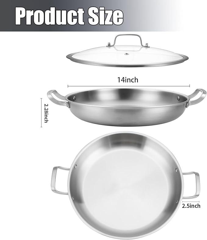14 Inch Paella Pan with Lid - Premium Stainless Steel Paellera | Large Everyday Frying Pan & Skillet for 8-10 Personas
