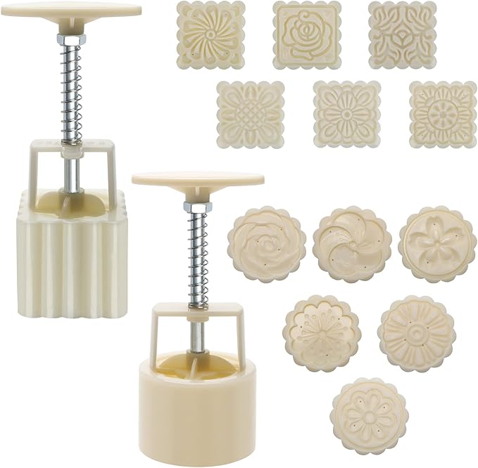 Luxiv Moon Cake Mould 75g, 12 PCS Pattern Hand-Pressure Mooncake Molds for Mid-Autumn DIY Pastry Tool 2 Set with 6pcs Round Flower Mooncake Mode and 6 Pcs Square Pattern Mooncake Mould (White, 75g)