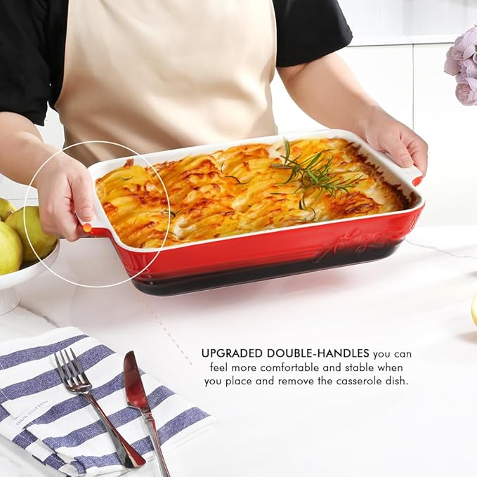 Casserole Dish Ceramic Baking Dish Casserole Dishes for Oven 9x13 Baking Dish with Handles Deep and Large Capacity Baking Dish for Casseroles Lasagnas Roasted Vegetables Great Kitchen Gifts, Red