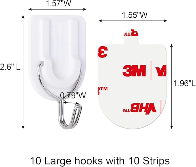 10 Wire Hooks for Hanging Heavy Duty with Strips no Damage,Adhesive Wall Hook Small, removalbe Large Sticky Bulk, for Key, Coat, Towel, Outdoor, hat
