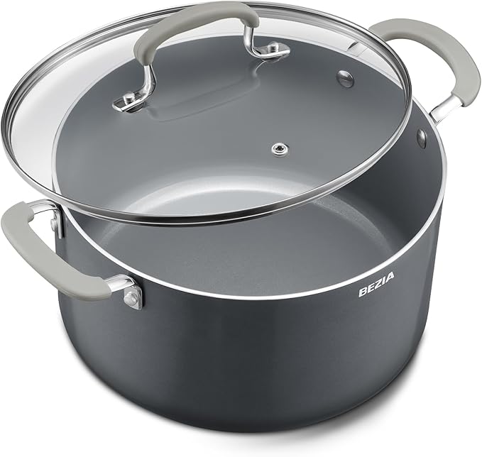 12 Quart Pot with Lid, BEZIA Ceramic Nonstick Stock Pot with Lid, Induction Ready, Large Cooking Pot with Silicone Handle, Compatible with All Cooktops, Dishwasher Safe