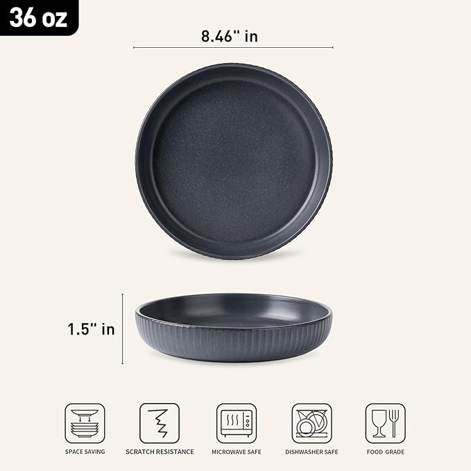 famiware Starlight Large pasta bowls set of 4, Serving Bowls for Pasta, Salad, Dinner, Oatmeal. Microwave Safe-36 oz, 8.46 inch, Gray